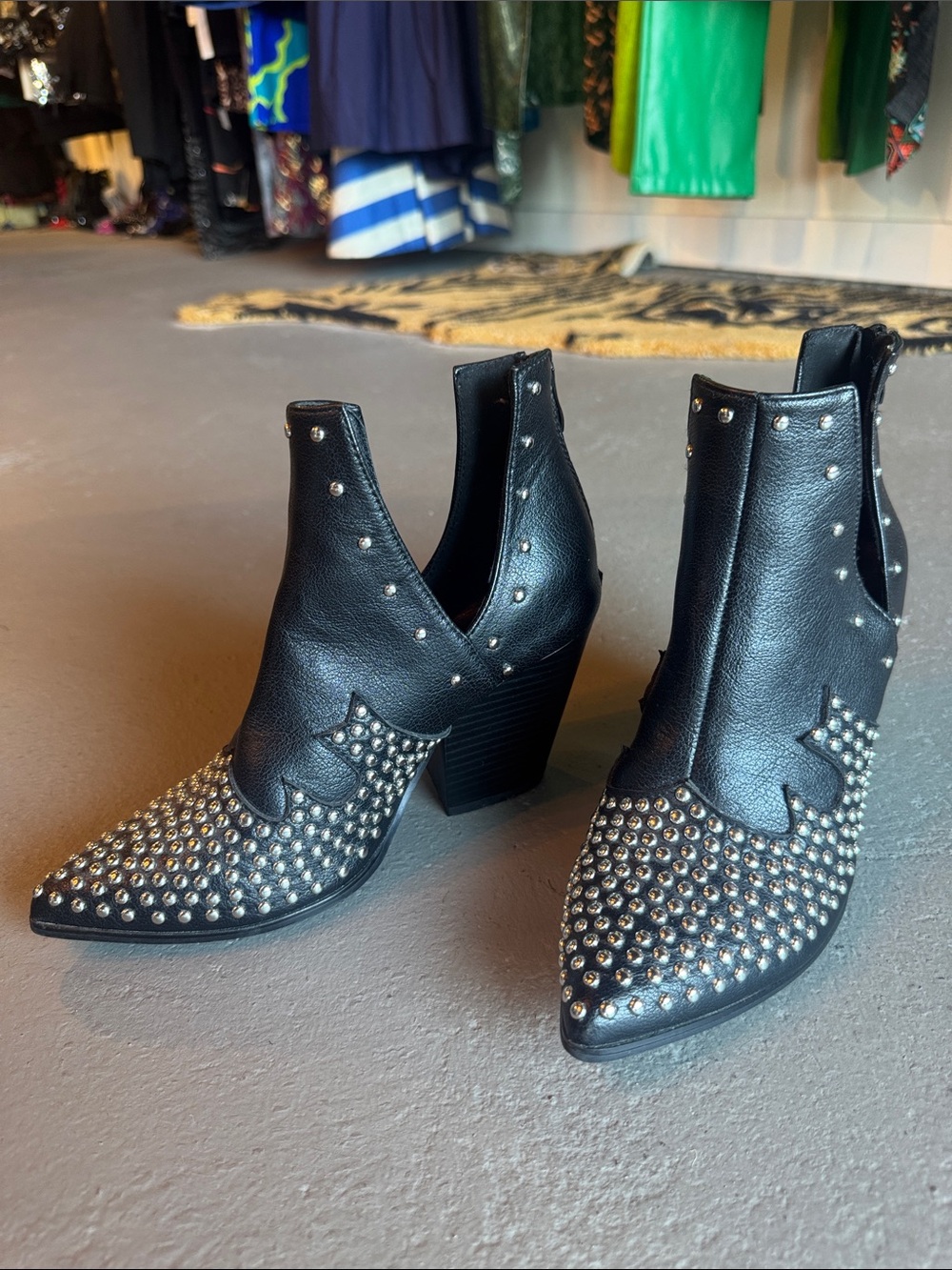Pink Lily Black Studded Pointed Toe Western Cutout Ankle Boots
